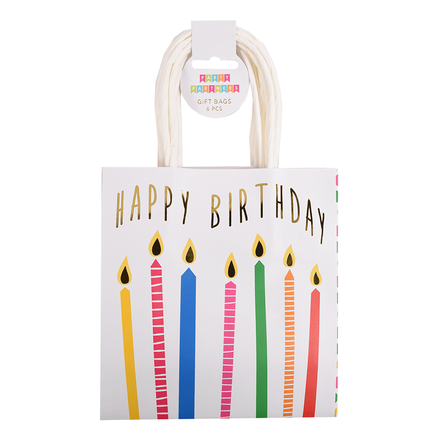 Party Partners gift bags featuring colorful birthday candles design, perfect for wrapping birthday presents and celebrations.